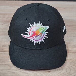 Miami Dolphins New Era 59Fifty Hat Cap Sz 7 1/2 Black Fitted Crucial Catch Logo